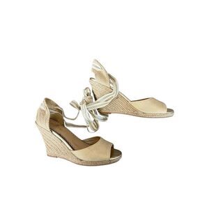 Lily Pulitzer Womens Natural Gold  Peep Toe Ankle Tie Alyssa Wedge Sandals Sz 8